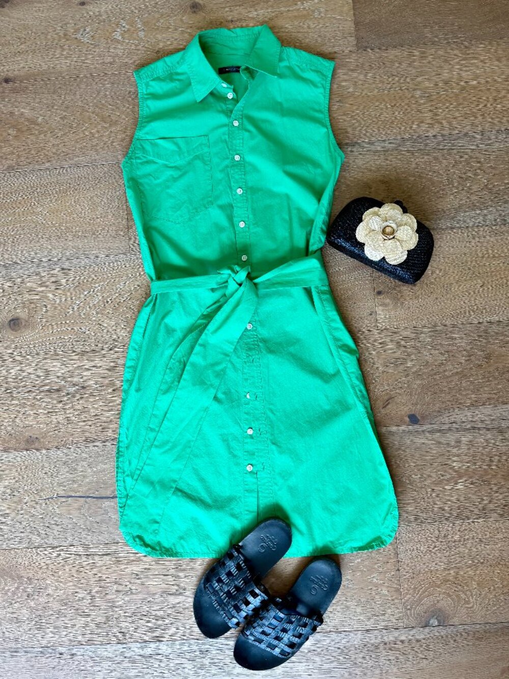 Banana Republic Green Sleeveless Shirt Dress Belted Button Down Midi Mini